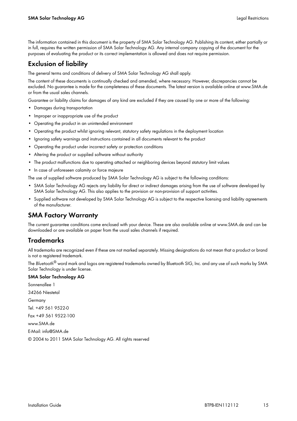 Exclusion of liability, Sma factory warranty, Trademarks | SMA BLUETOOTH PIGGY-BACK User Manual | Page 15 / 16