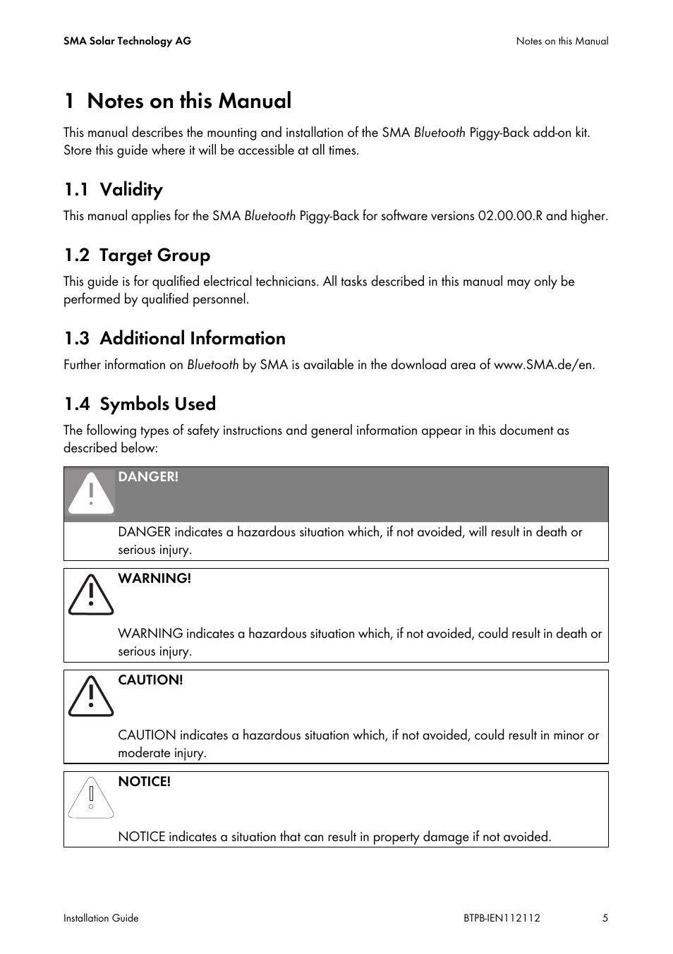 1 notes on this manual, 1 validity, 2 target group | 3 additional information, 4 symbols used, Notes on this manual, Validity, Target group, Additional information, Symbols used | SMA BLUETOOTH PIGGY-BACK User Manual | Page 5 / 16