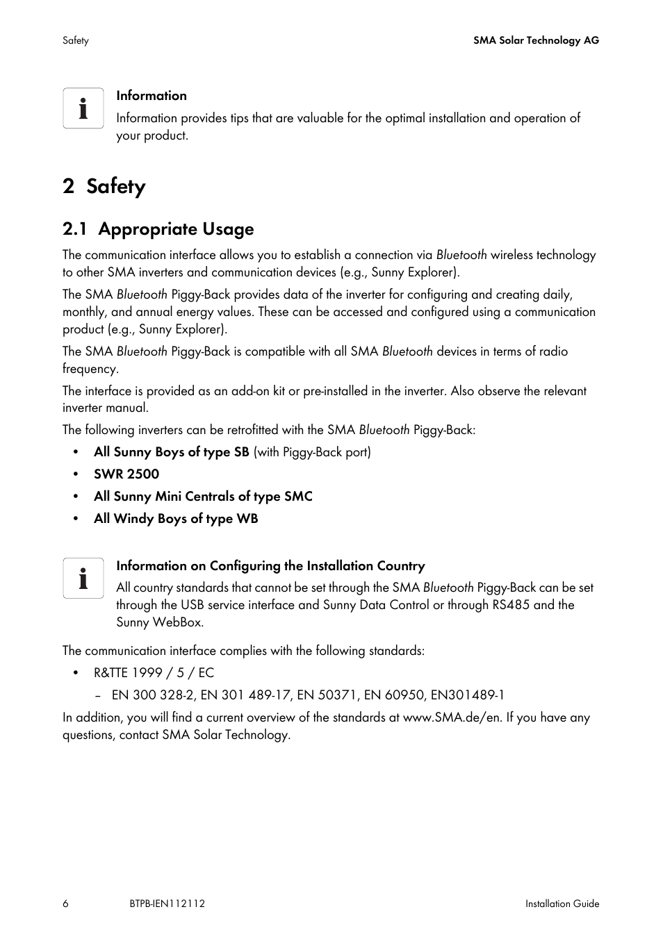 2 safety, 1 appropriate usage, Safety | Appropriate usage | SMA BLUETOOTH PIGGY-BACK User Manual | Page 6 / 16