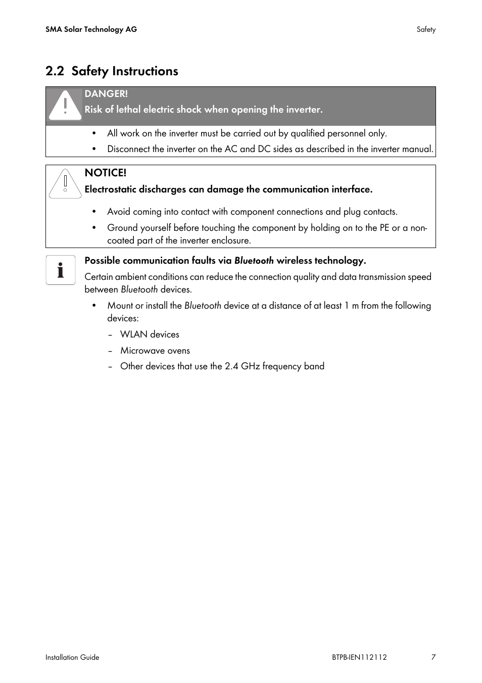 2 safety instructions, Safety instructions | SMA BLUETOOTH PIGGY-BACK User Manual | Page 7 / 16