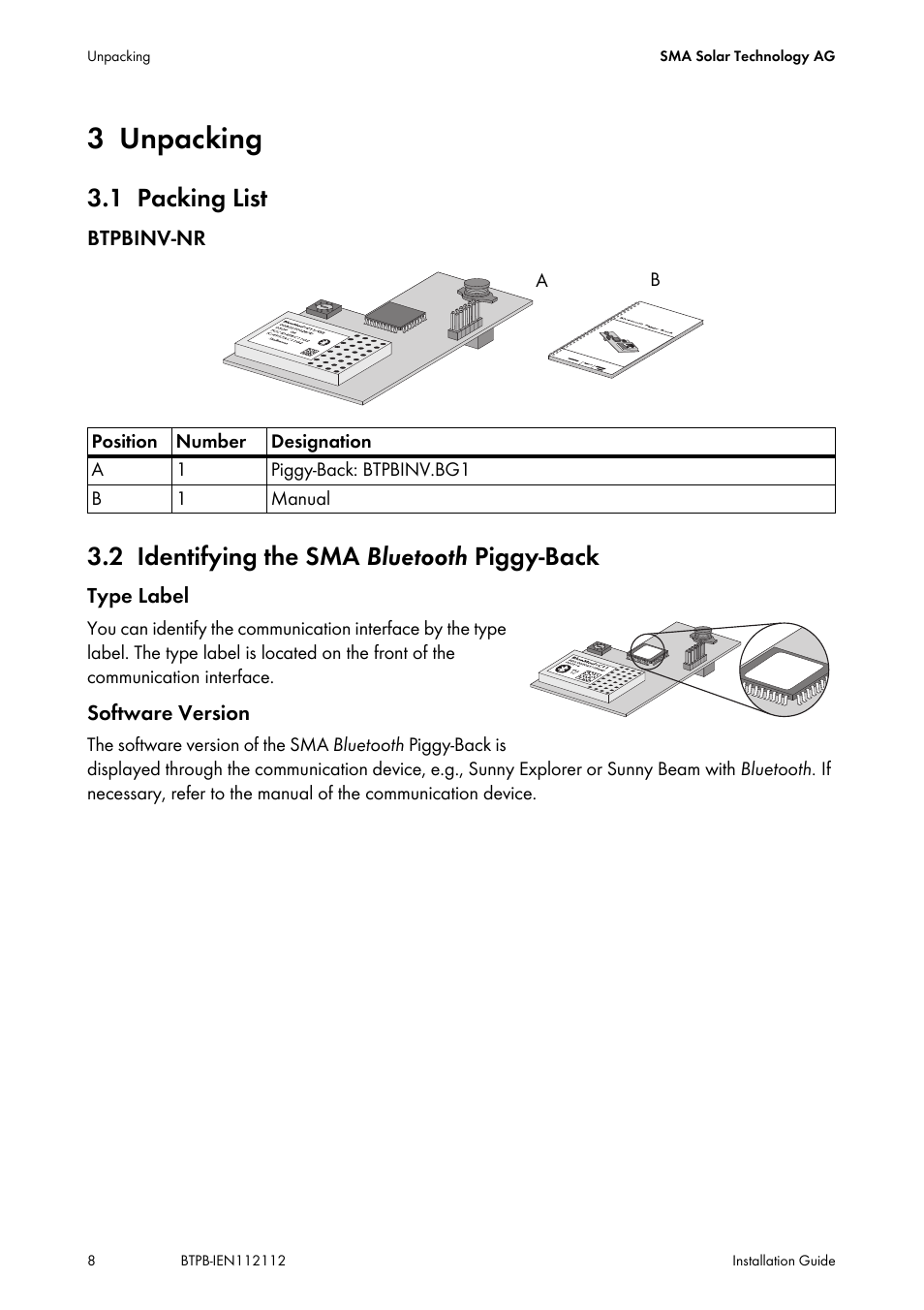 3 unpacking, 1 packing list, 2 identifying the sma bluetooth piggy-back | Unpacking, Packing list, Identifying the sma | SMA BLUETOOTH PIGGY-BACK User Manual | Page 8 / 16