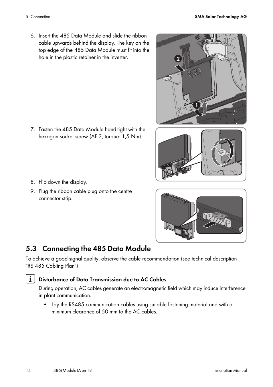 3 connecting the 485 data module | SMA 485 Data Module User Manual | Page 14 / 24