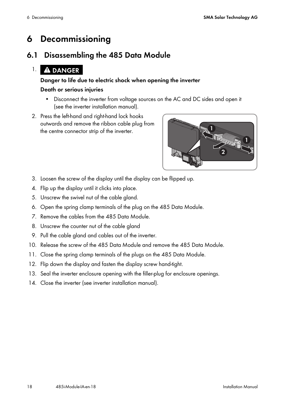 6 decommissioning, 1 disassembling the 485 data module | SMA 485 Data Module User Manual | Page 18 / 24