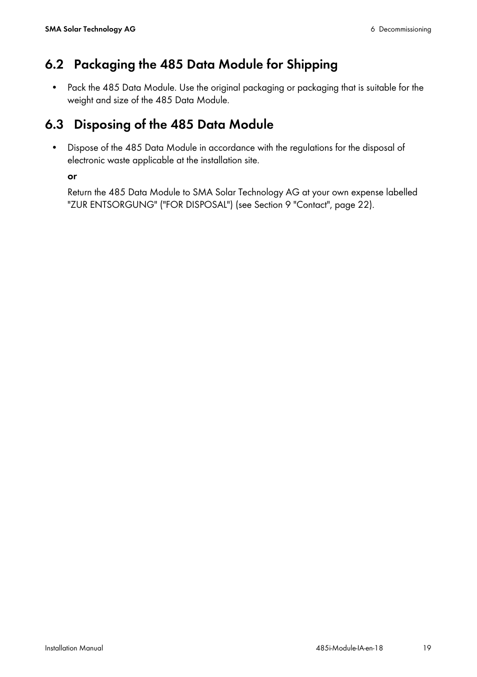 2 packaging the 485 data module for shipping, 3 disposing of the 485 data module | SMA 485 Data Module User Manual | Page 19 / 24