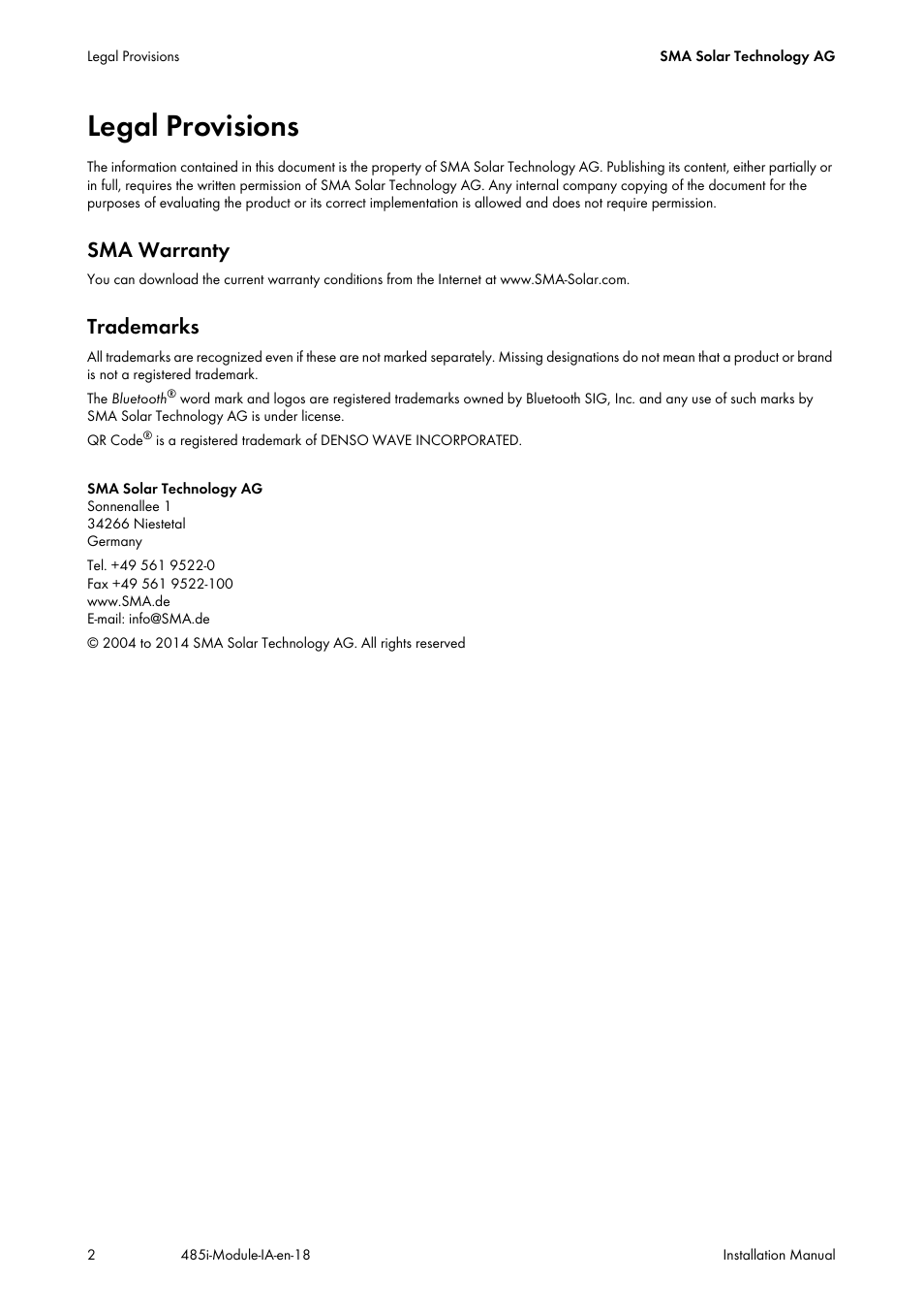 Legal provisions, Sma warranty, Trademarks | SMA 485 Data Module User Manual | Page 2 / 24