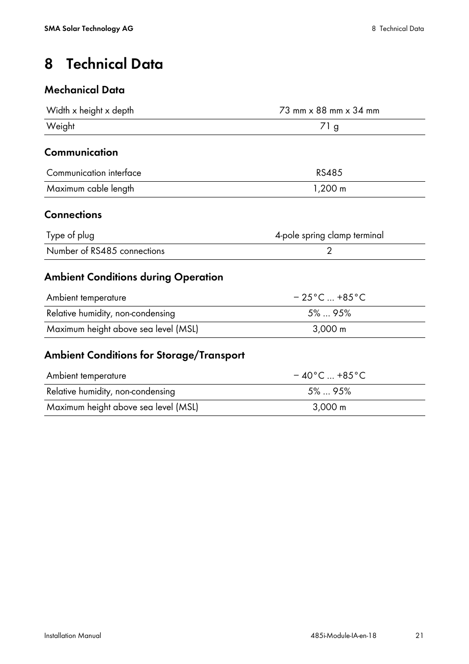 8 technical data | SMA 485 Data Module User Manual | Page 21 / 24