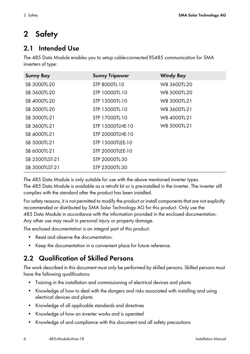 2 safety, 1 intended use, 2 qualification of skilled persons | SMA 485 Data Module User Manual | Page 6 / 24