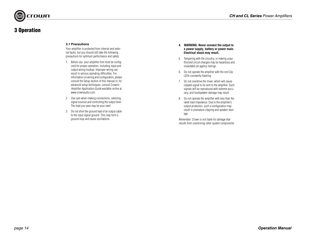 3 operation | Crown Audio CL Series User Manual | Page 14 / 44