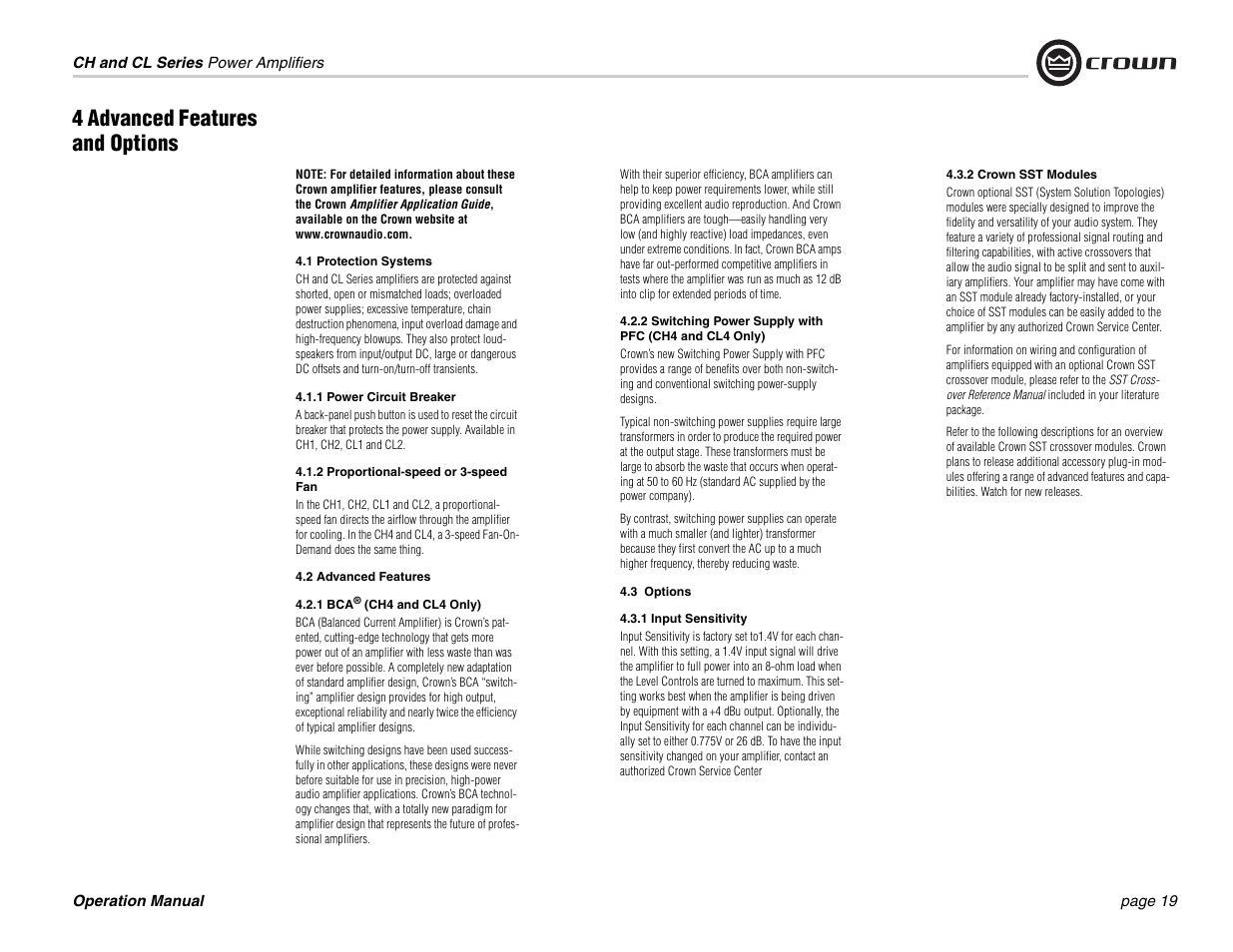 4 advanced features and options | Crown Audio CL Series User Manual | Page 19 / 44