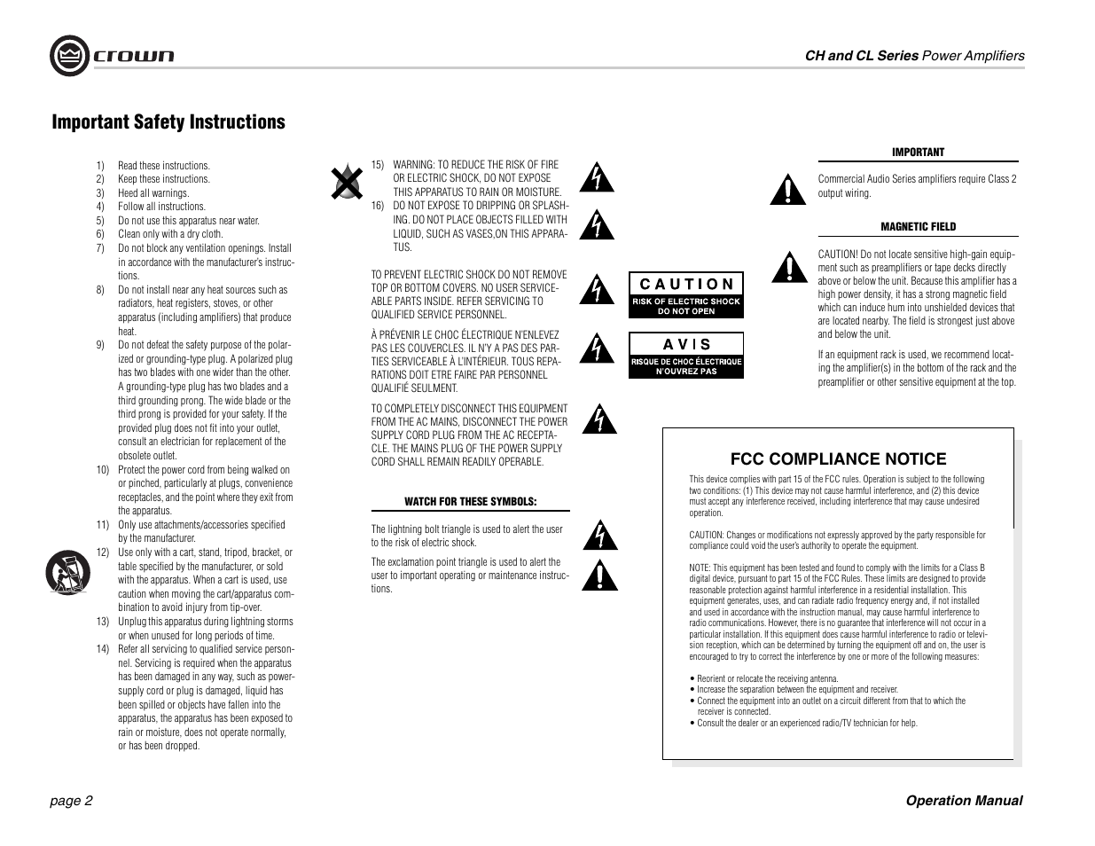 Important safety instructions, Fcc compliance notice | Crown Audio CL Series User Manual | Page 2 / 44