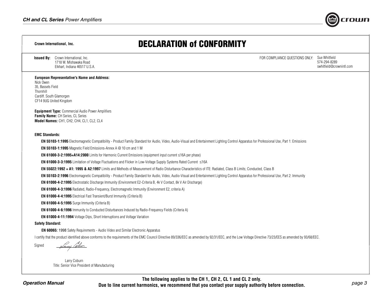 Declaration of conformity | Crown Audio CL Series User Manual | Page 3 / 44