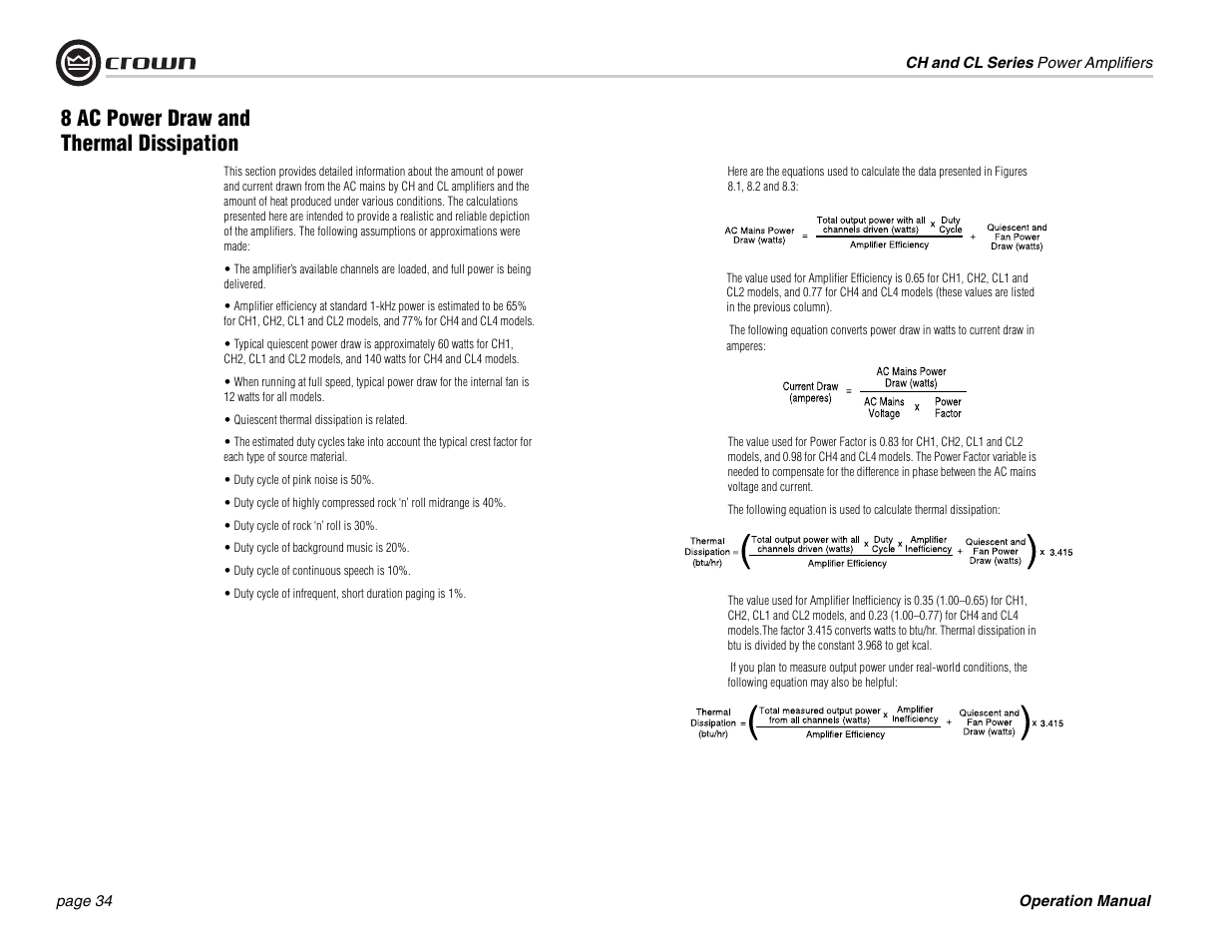 8 ac power draw and thermal dissipation | Crown Audio CL Series User Manual | Page 34 / 44