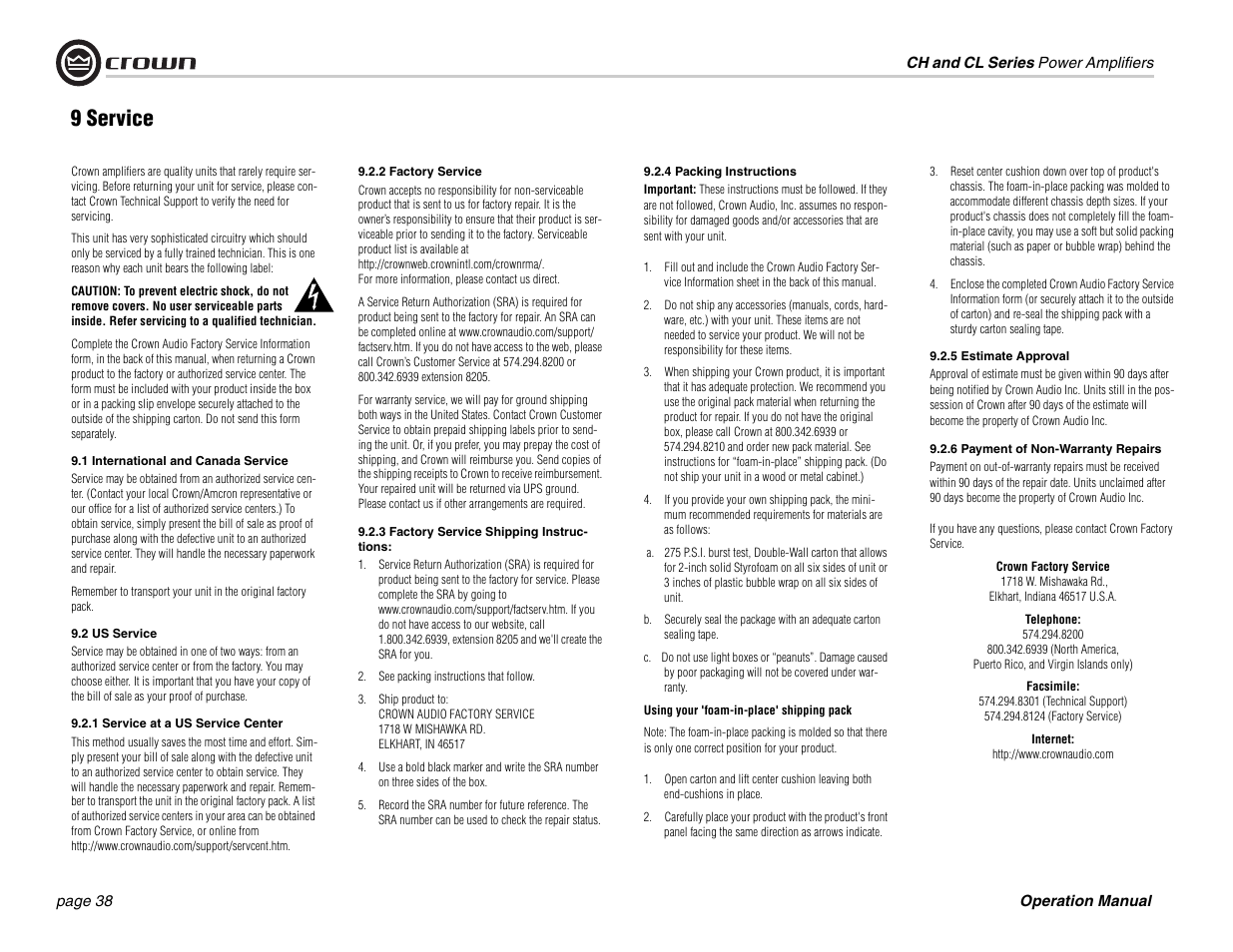 9 service | Crown Audio CL Series User Manual | Page 38 / 44