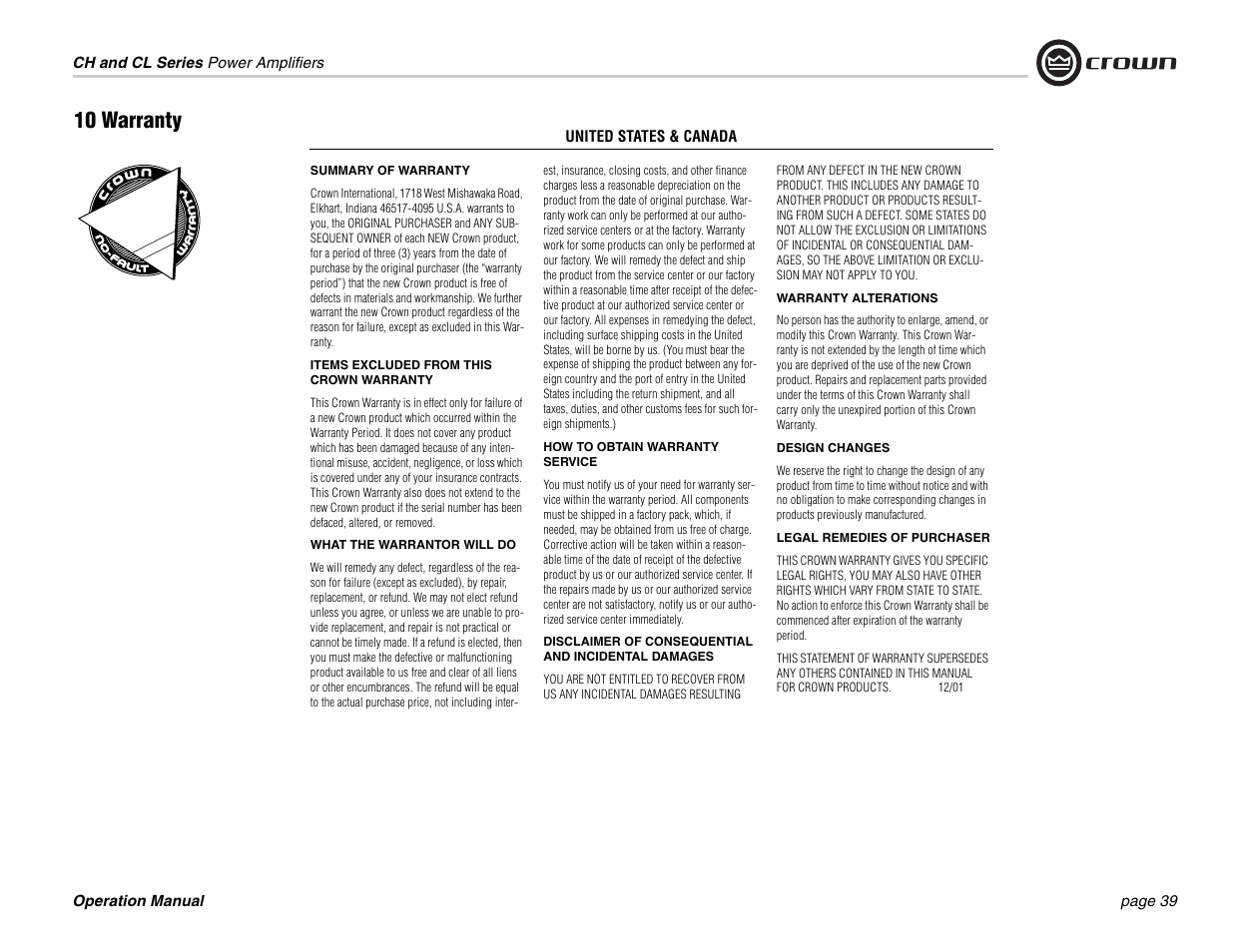 10 warranty | Crown Audio CL Series User Manual | Page 39 / 44