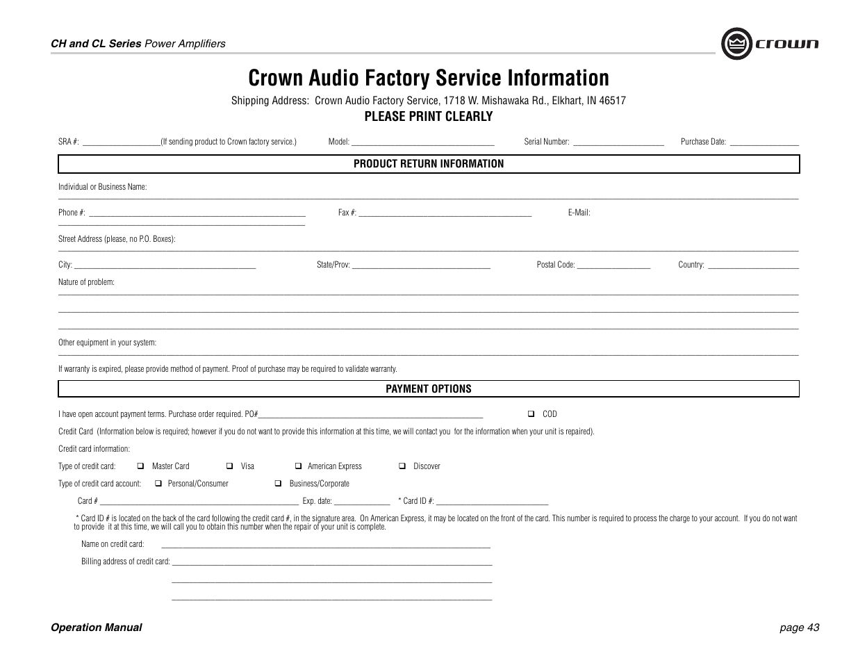 Crown audio factory service information, Please print clearly | Crown Audio CL Series User Manual | Page 43 / 44