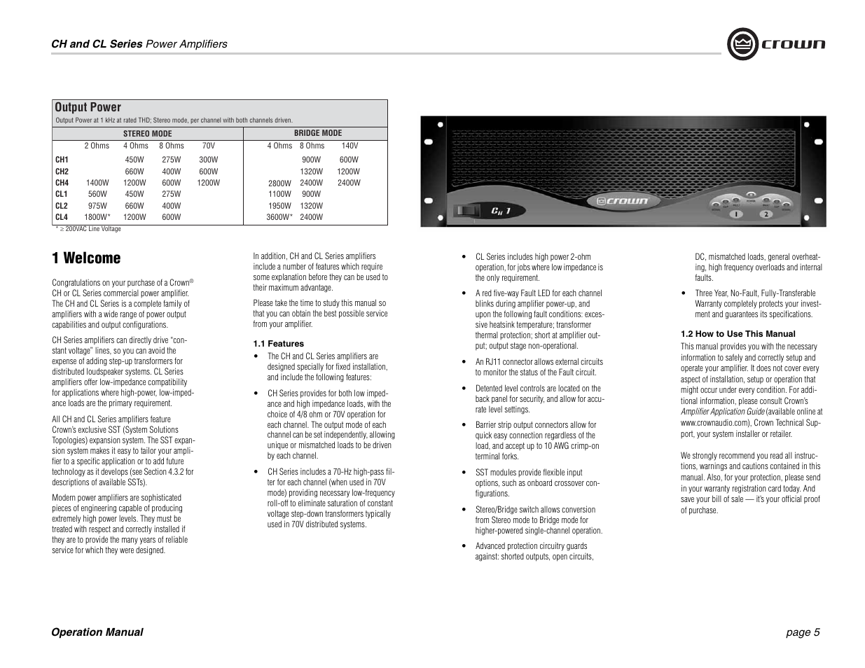 1 welcome, Output power | Crown Audio CL Series User Manual | Page 5 / 44