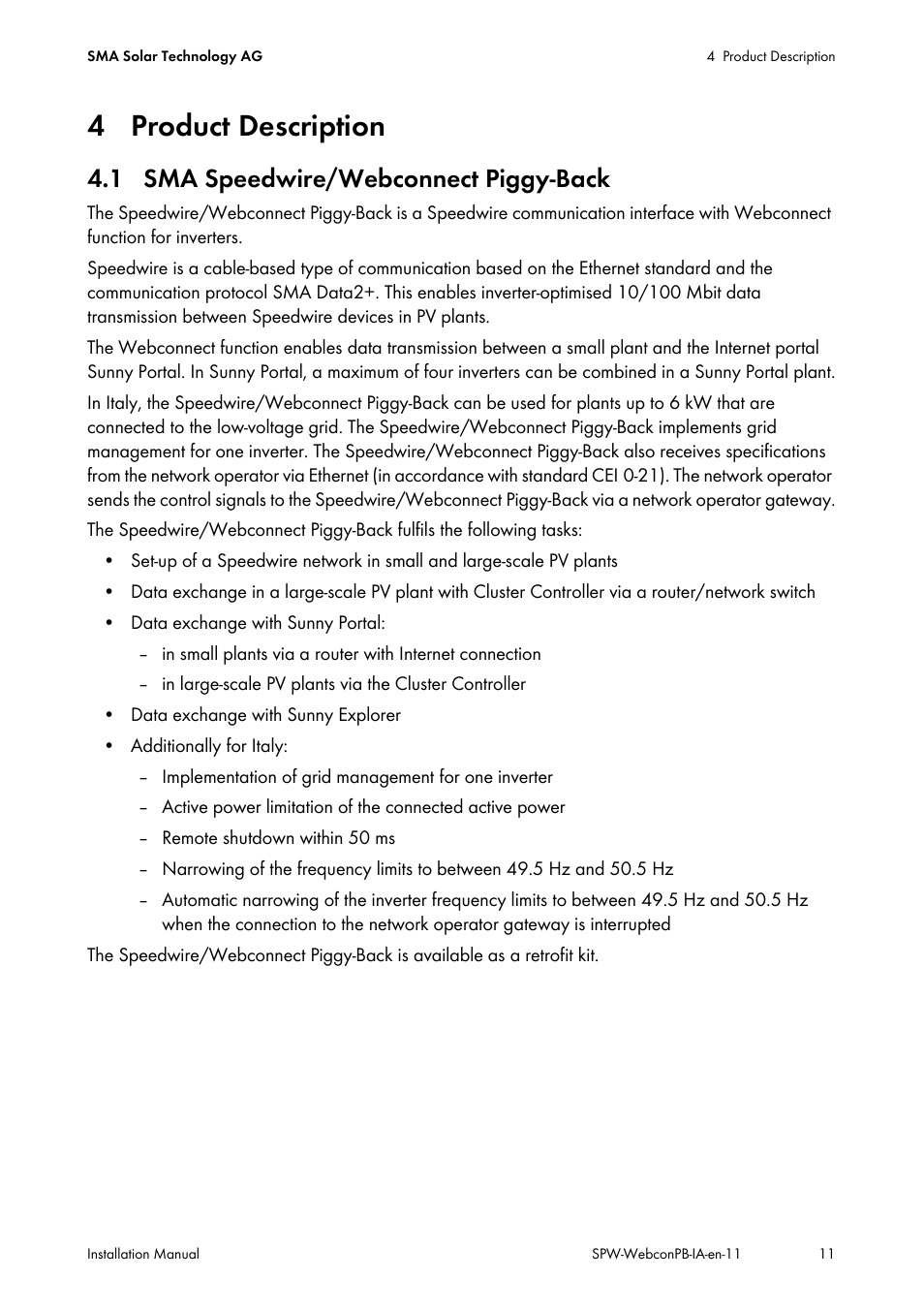 4 product description, 1 sma speedwire/webconnect piggy-back | SMA SPEEDWIRE V.1.1 User Manual | Page 11 / 32