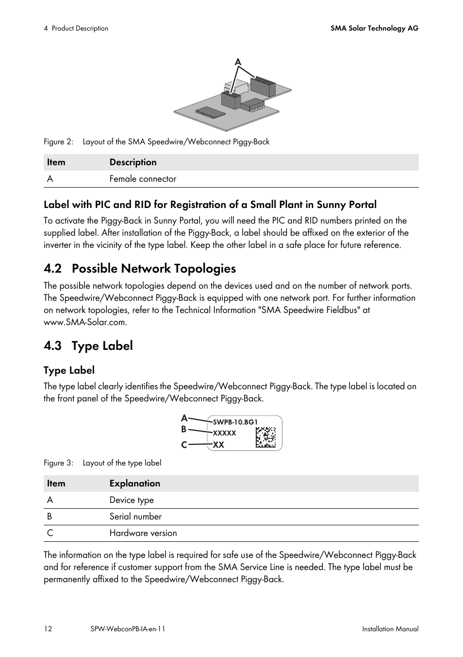 2 possible network topologies, 3 type label, 2 possible network topologies 4.3 type label | SMA SPEEDWIRE V.1.1 User Manual | Page 12 / 32