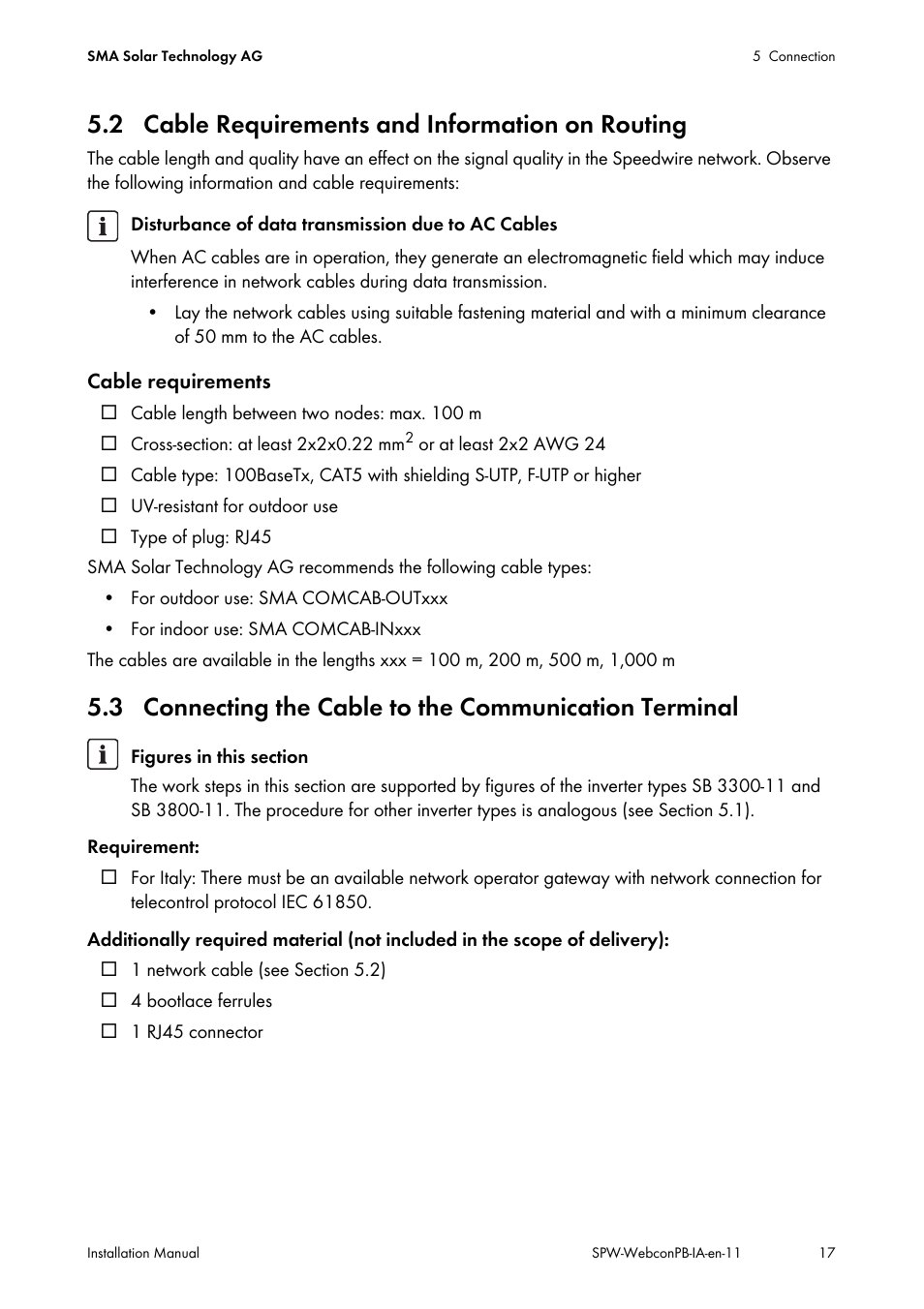 2 cable requirements and information on routing | SMA SPEEDWIRE V.1.1 User Manual | Page 17 / 32
