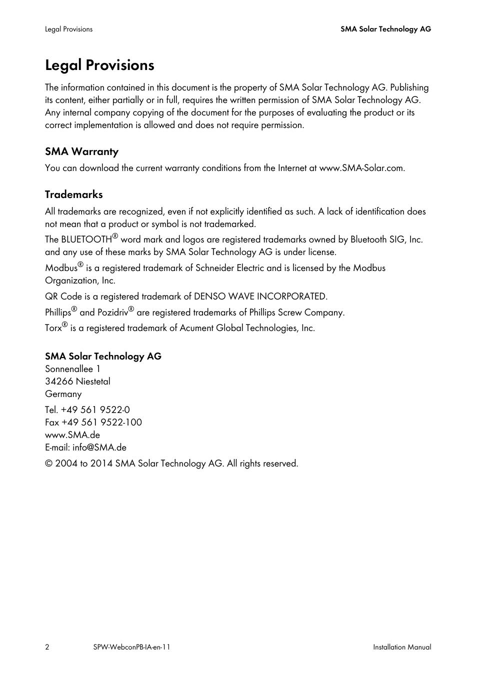 Legal provisions | SMA SPEEDWIRE V.1.1 User Manual | Page 2 / 32