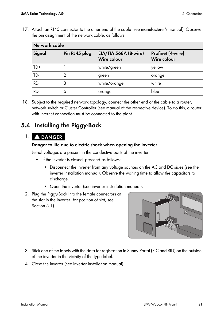 4 installing the piggy-back | SMA SPEEDWIRE V.1.1 User Manual | Page 21 / 32