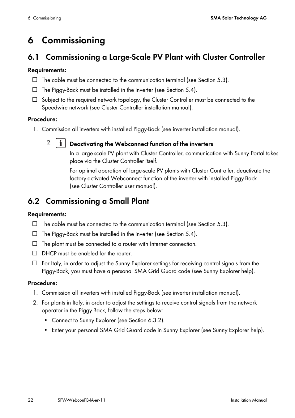 6 commissioning, 2 commissioning a small plant | SMA SPEEDWIRE V.1.1 User Manual | Page 22 / 32