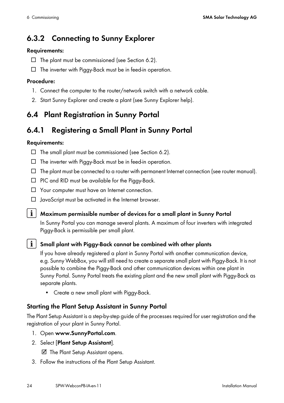 2 connecting to sunny explorer, 4 plant registration in sunny portal, 1 registering a small plant in sunny portal | Onnect to sunny explorer (see section 6.3.2) | SMA SPEEDWIRE V.1.1 User Manual | Page 24 / 32
