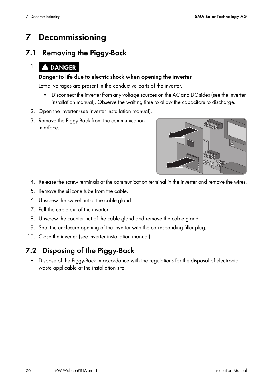 7 decommissioning, 1 removing the piggy-back, 2 disposing of the piggy-back | SMA SPEEDWIRE V.1.1 User Manual | Page 26 / 32
