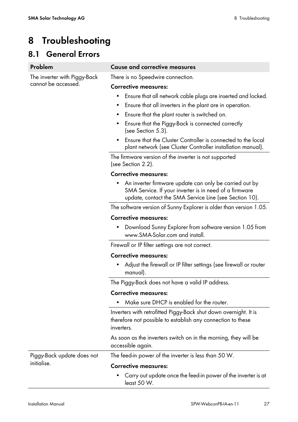 8 troubleshooting, 1 general errors | SMA SPEEDWIRE V.1.1 User Manual | Page 27 / 32