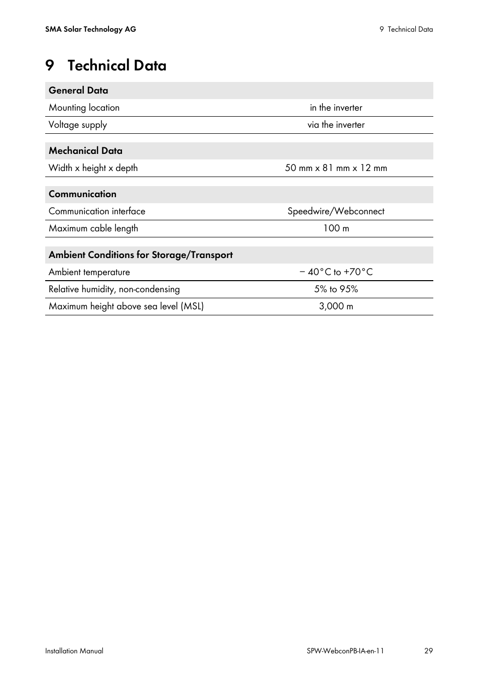 9 technical data | SMA SPEEDWIRE V.1.1 User Manual | Page 29 / 32