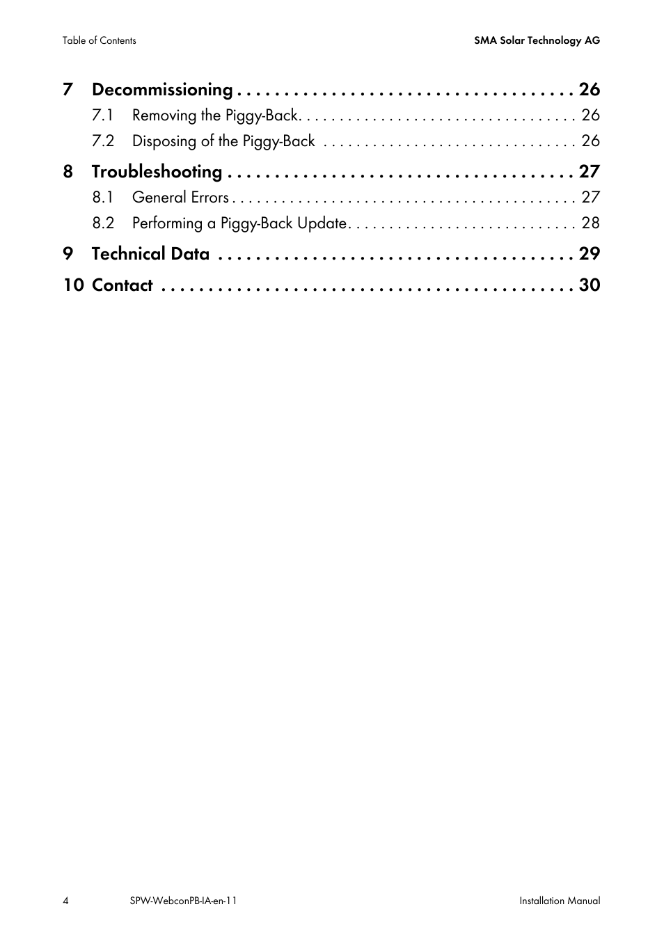 7 decommissioning, 8 troubleshooting, 9 technical data 10 contact | SMA SPEEDWIRE V.1.1 User Manual | Page 4 / 32