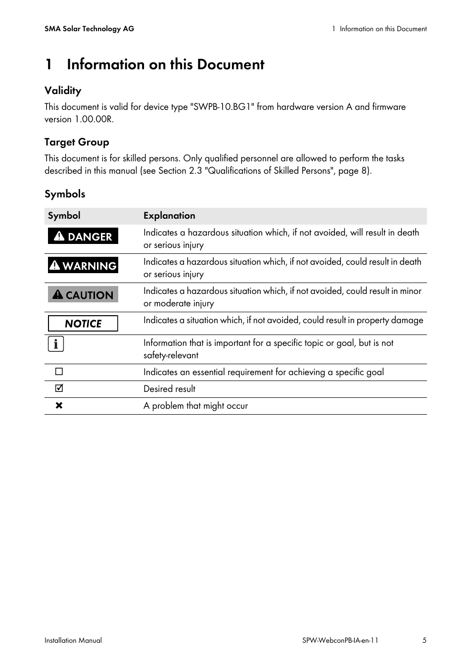 1 information on this document | SMA SPEEDWIRE V.1.1 User Manual | Page 5 / 32