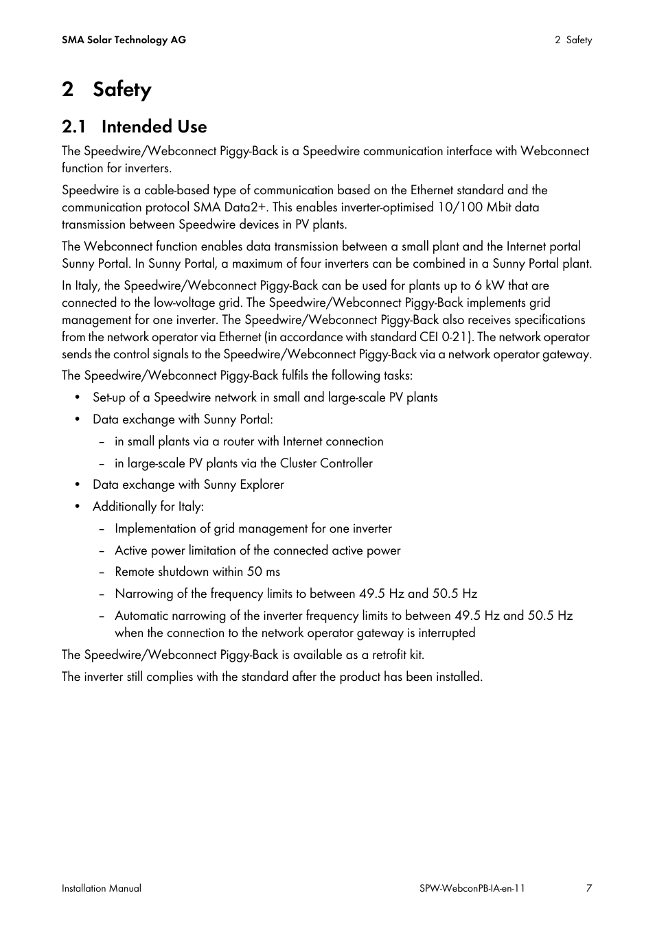 2 safety, 1 intended use | SMA SPEEDWIRE V.1.1 User Manual | Page 7 / 32