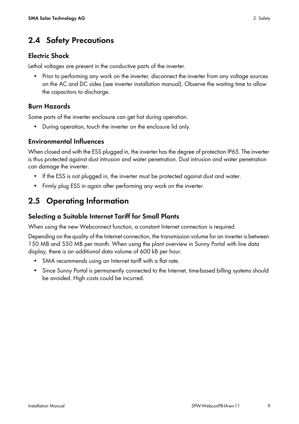 4 safety precautions, 5 operating information, 4 safety precautions 2.5 operating information | SMA SPEEDWIRE V.1.1 User Manual | Page 9 / 32