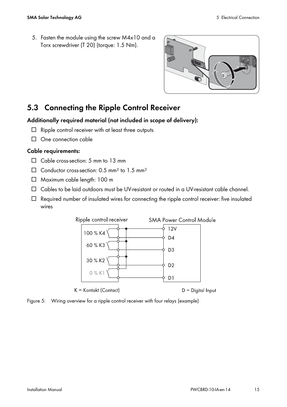 3 connecting the ripple control receiver | SMA POWER CONTROL MODULE User Manual | Page 15 / 28