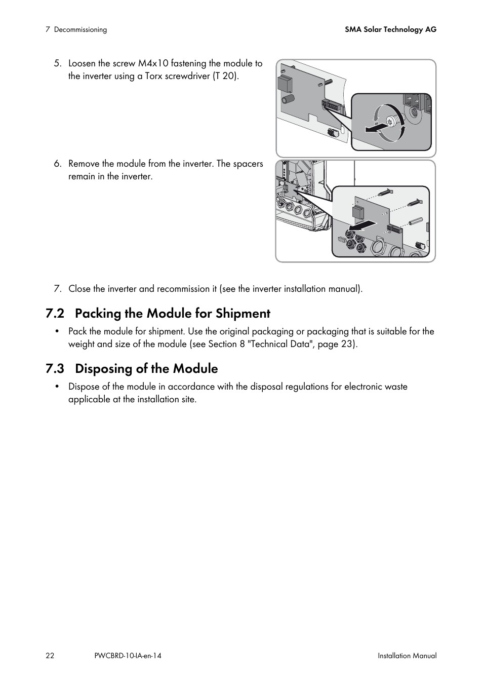 2 packing the module for shipment, 3 disposing of the module | SMA POWER CONTROL MODULE User Manual | Page 22 / 28