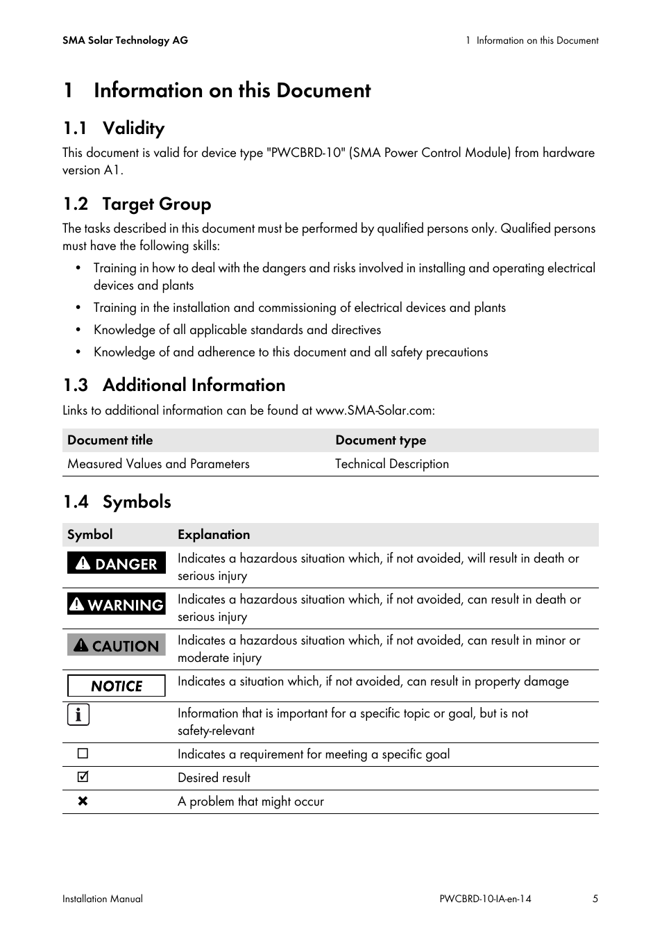 1 information on this document, 1 validity, 2 target group | 3 additional information, 4 symbols | SMA POWER CONTROL MODULE User Manual | Page 5 / 28