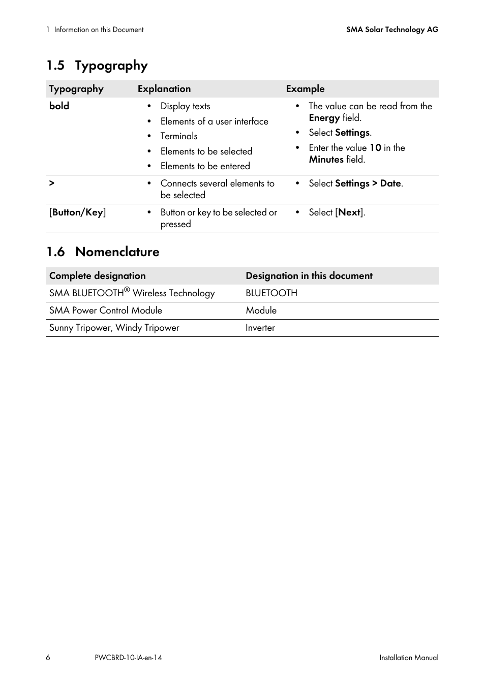 5 typography, 6 nomenclature, 5 typography 1.6 nomenclature | SMA POWER CONTROL MODULE User Manual | Page 6 / 28