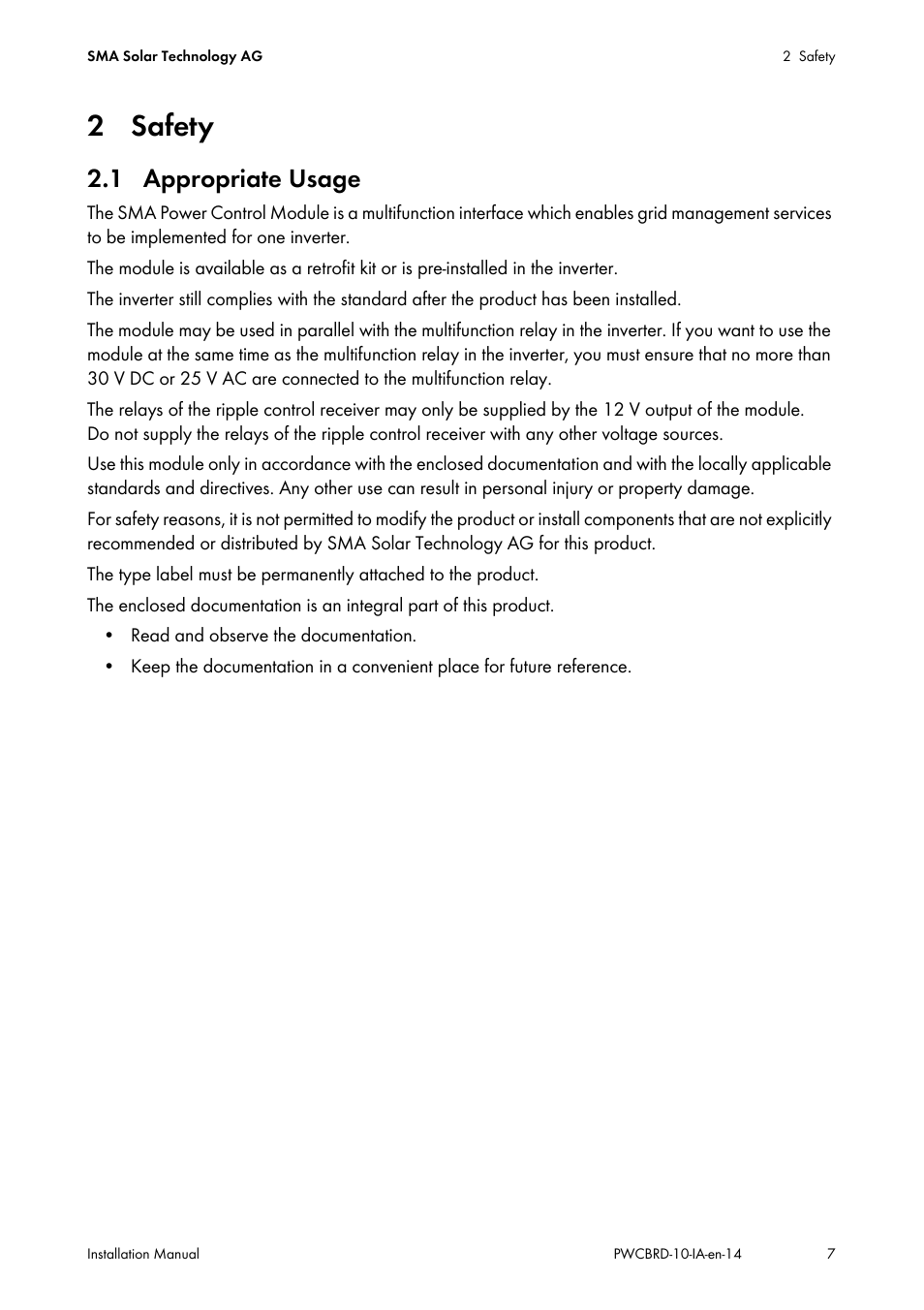 2 safety, 1 appropriate usage | SMA POWER CONTROL MODULE User Manual | Page 7 / 28