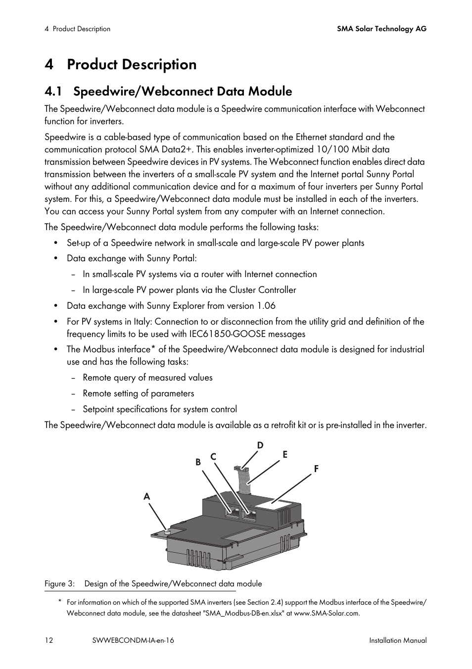 4 product description, 1 speedwire/webconnect data module | SMA SPEEDWIRE V.1.6 User Manual | Page 12 / 32