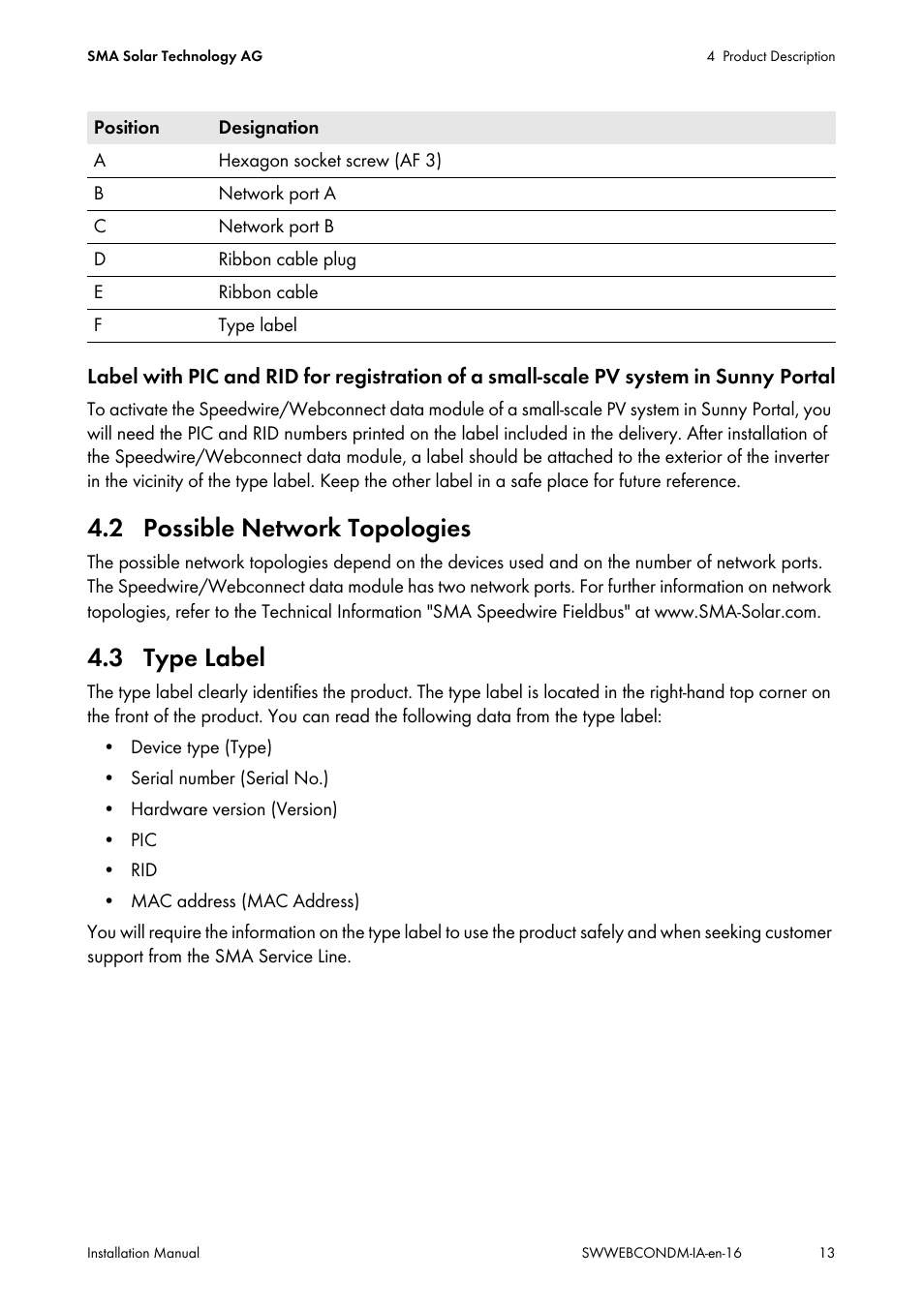 2 possible network topologies, 3 type label, 2 possible network topologies 4.3 type label | SMA SPEEDWIRE V.1.6 User Manual | Page 13 / 32