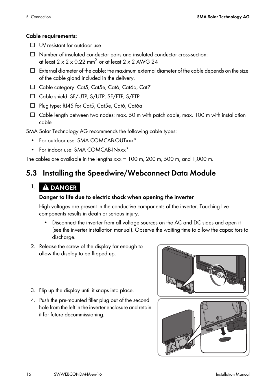 3 installing the speedwire/webconnect data module | SMA SPEEDWIRE V.1.6 User Manual | Page 16 / 32