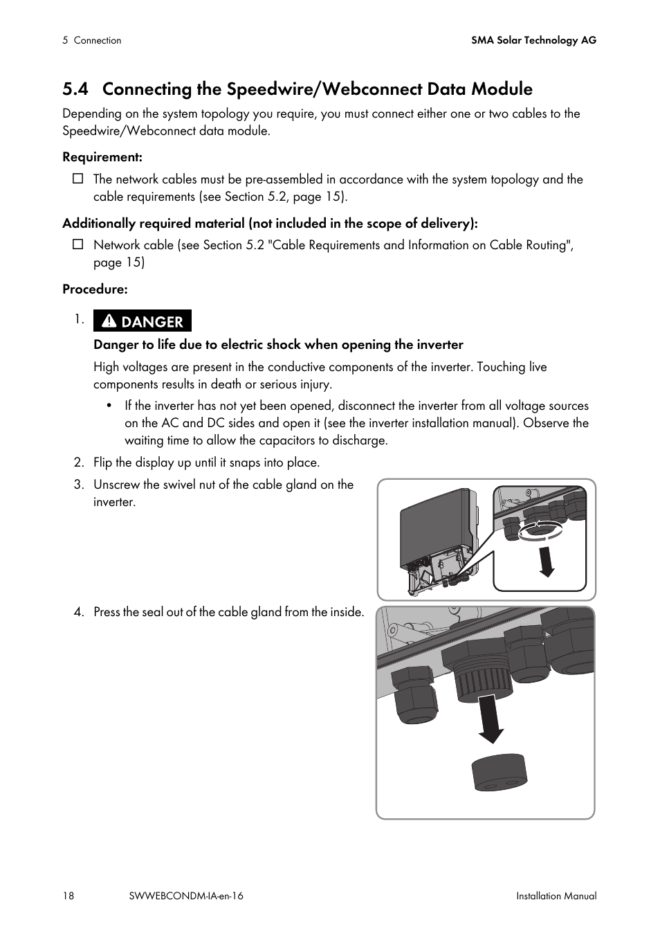 4 connecting the speedwire/webconnect data module | SMA SPEEDWIRE V.1.6 User Manual | Page 18 / 32