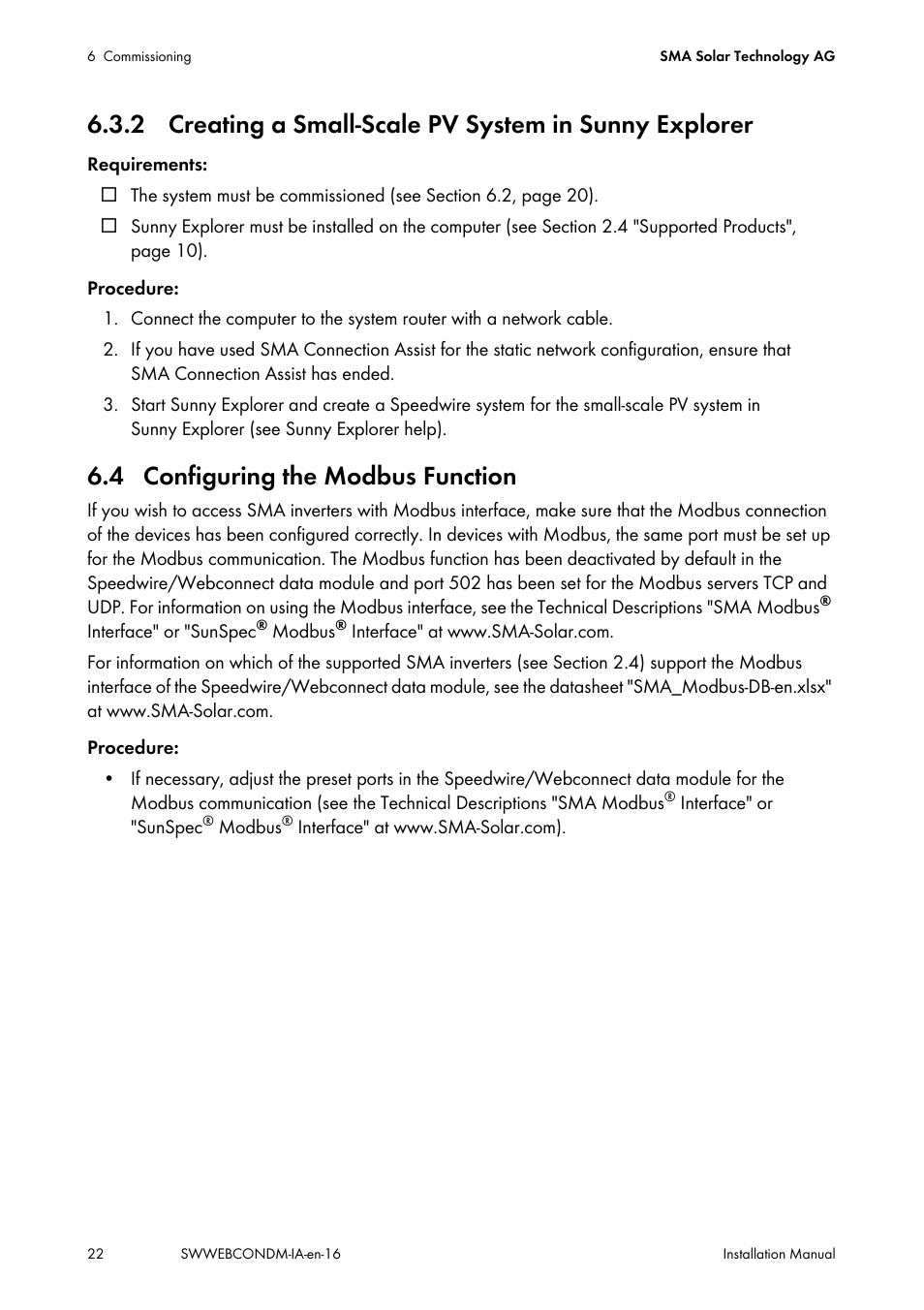 4 configuring the modbus function | SMA SPEEDWIRE V.1.6 User Manual | Page 22 / 32