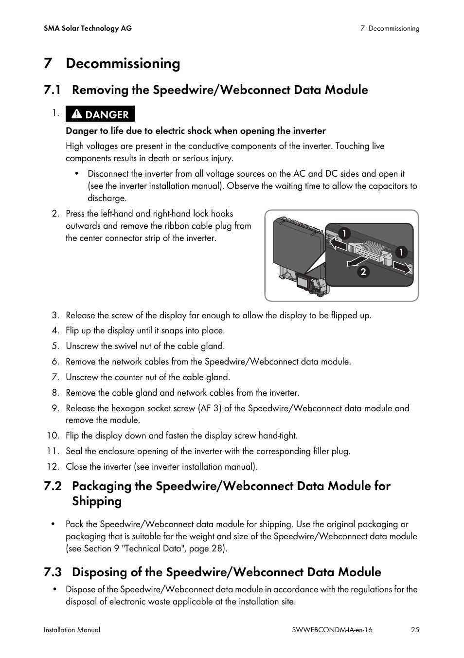 7 decommissioning, 1 removing the speedwire/webconnect data module, Shipping | SMA SPEEDWIRE V.1.6 User Manual | Page 25 / 32