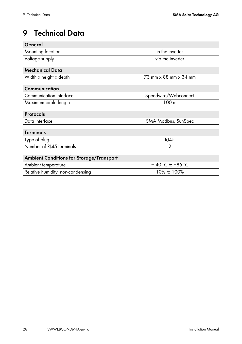 9 technical data | SMA SPEEDWIRE V.1.6 User Manual | Page 28 / 32