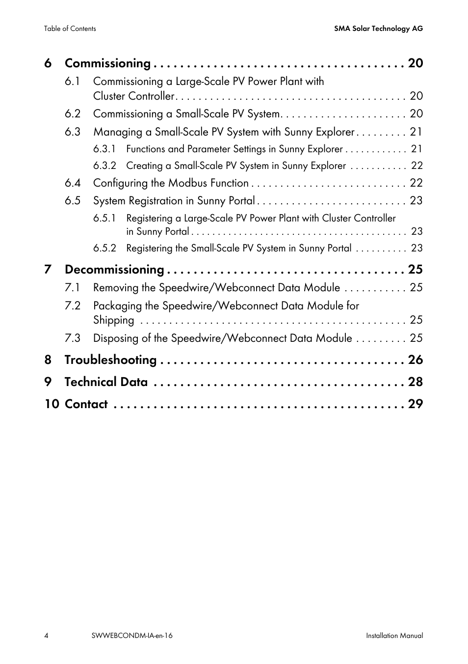 6 commissioning, 7 decommissioning, 8 troubleshooting 9 technical data 10 contact | SMA SPEEDWIRE V.1.6 User Manual | Page 4 / 32