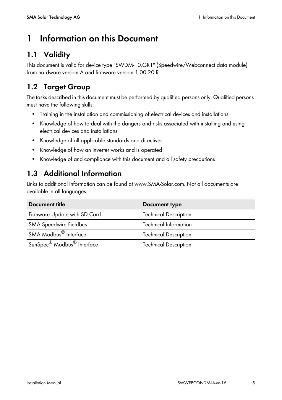 1 information on this document, 1 validity, 2 target group | 3 additional information | SMA SPEEDWIRE V.1.6 User Manual | Page 5 / 32