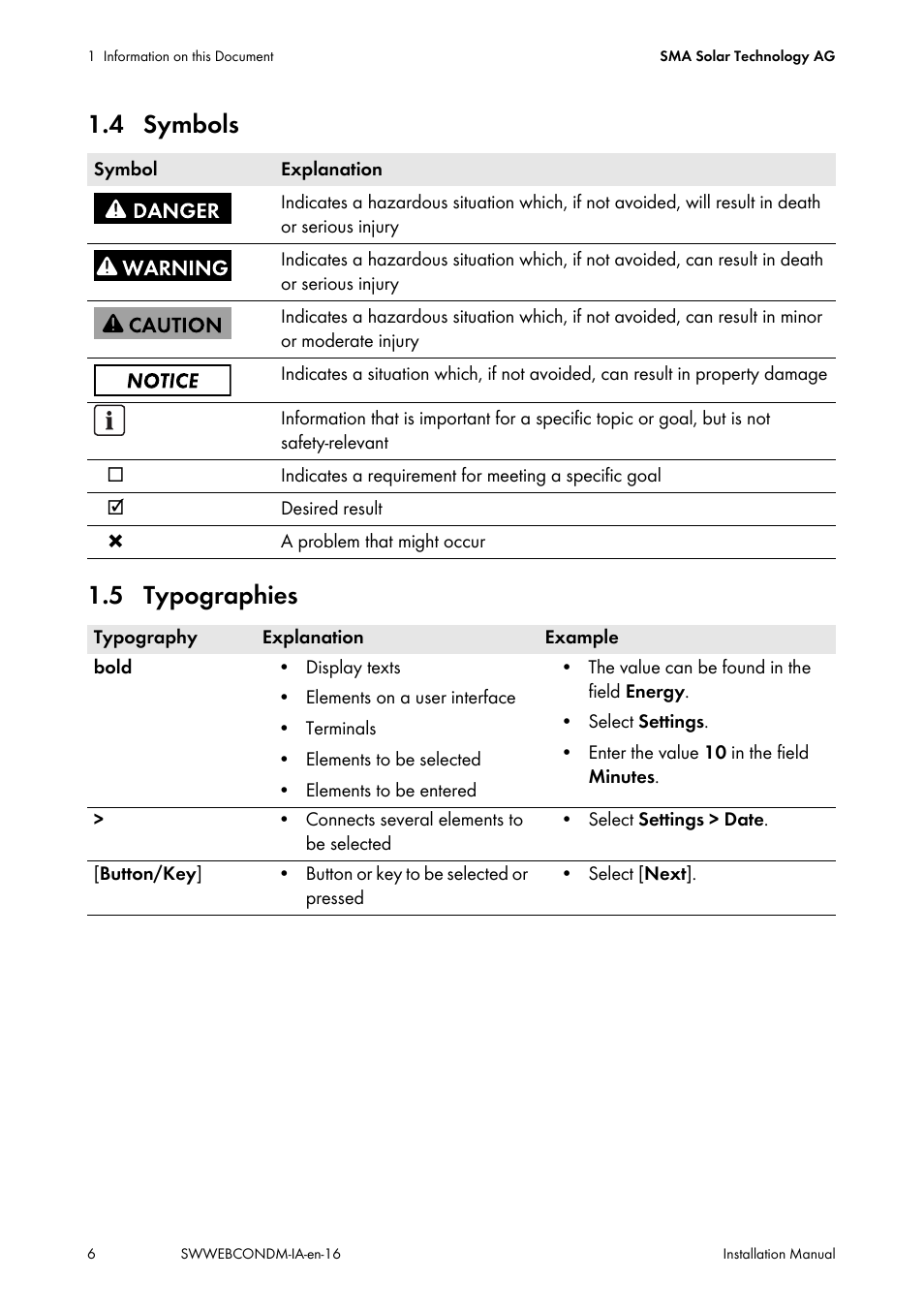 4 symbols, 5 typographies, 4 symbols 1.5 typographies | SMA SPEEDWIRE V.1.6 User Manual | Page 6 / 32