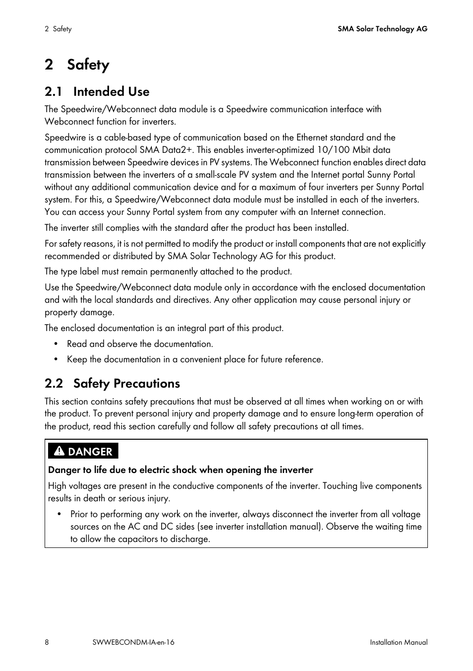 2 safety, 1 intended use, 2 safety precautions | 1 intended use 2.2 safety precautions | SMA SPEEDWIRE V.1.6 User Manual | Page 8 / 32